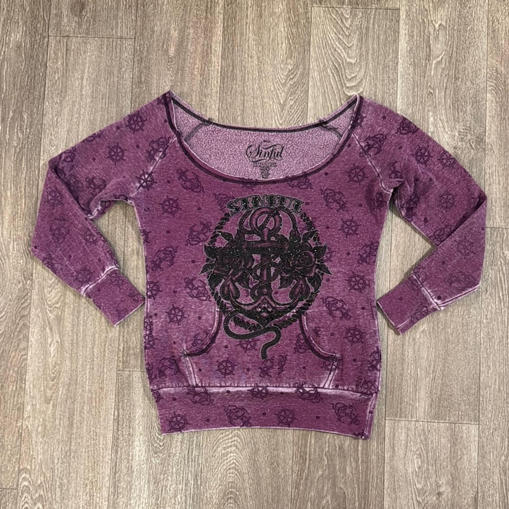 NWOT Sinful by Affliction wide neckline top women’s sz S
